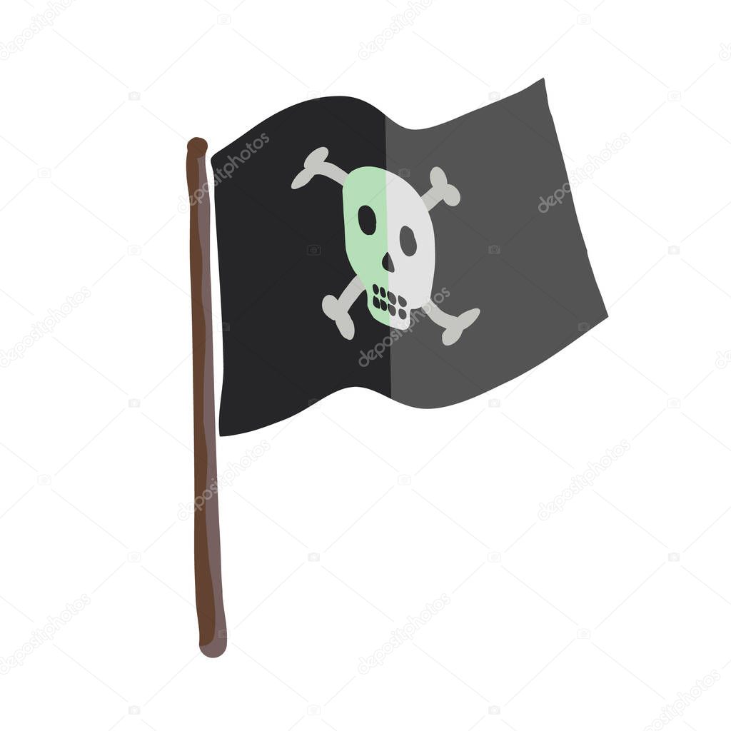 A black pirate flag isolated on white background. Jolly Roger. Flat cartoon style. Skull and crossbones.