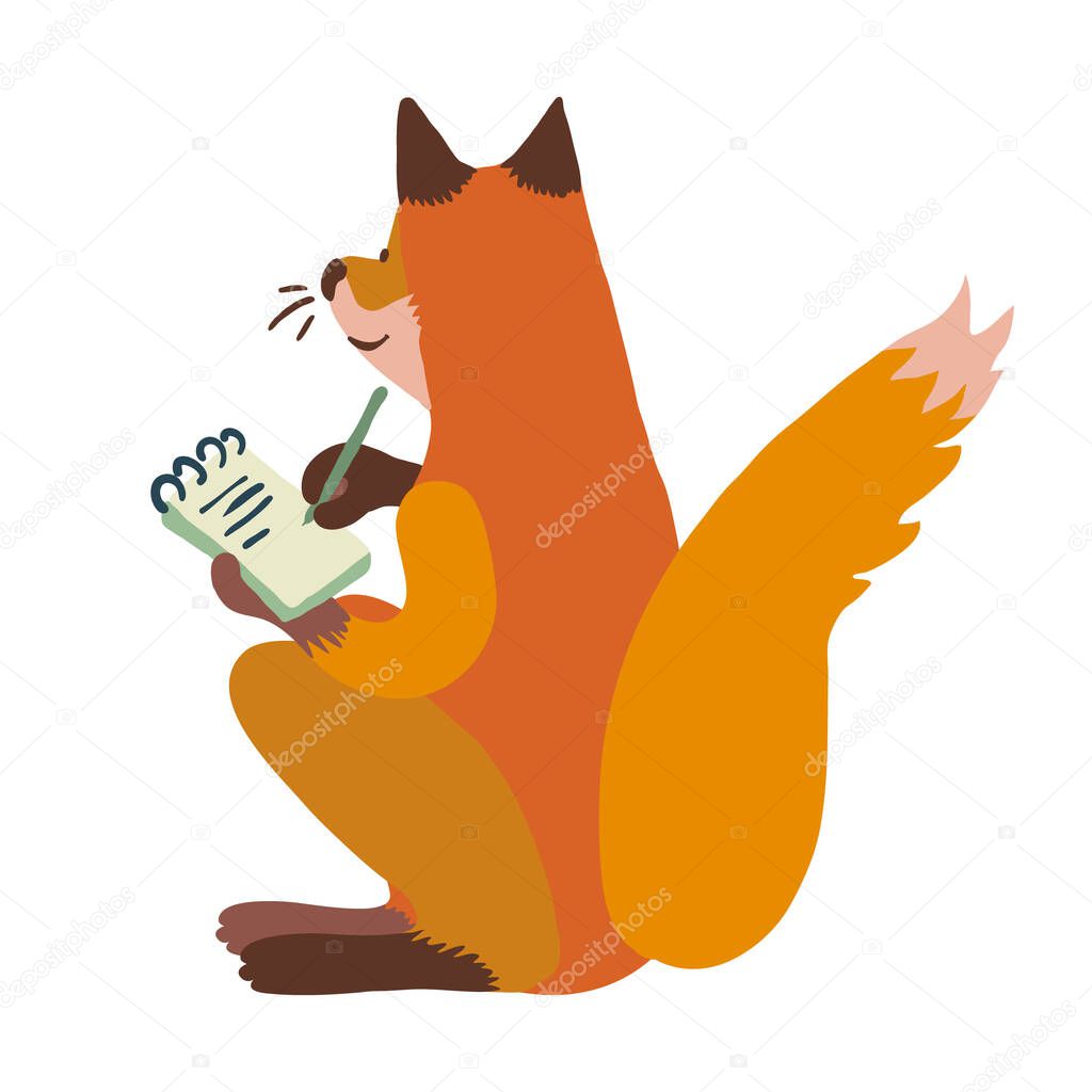 Colorful vector illustration of red fox character with dark ears and paws sitting, writing in spring notepad with pen or pencil. Back view. Journalism concept.