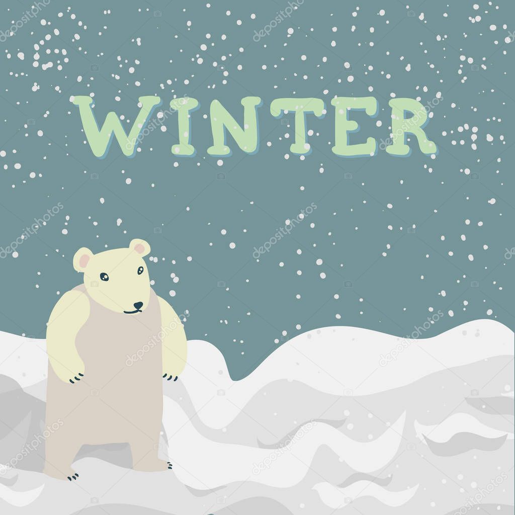 Vector illustration of white polar bear walking in winter landscape, snow falling, blue sky. Winter  hand lettering.