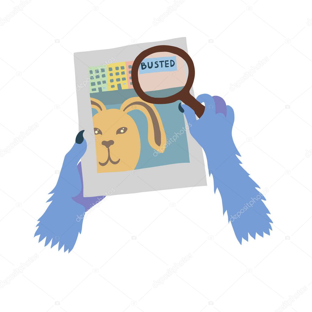Colorful vector flat illustration of blue beast hands holding photo of yellow rabbit on the street and a magnifying glass. Plate on street seen through loupe says Busted. Stalker, privacy concept.