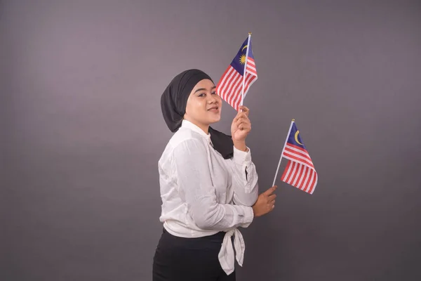 Happy Malaysian Girl Holding Malaysia Flag Independence Day Patriotic Concept — Φωτογραφία Αρχείου