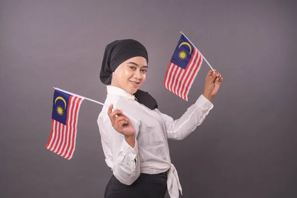 Happy Malaysian Girl Holding Malaysia Flag Independence Day Patriotic Concept — Φωτογραφία Αρχείου