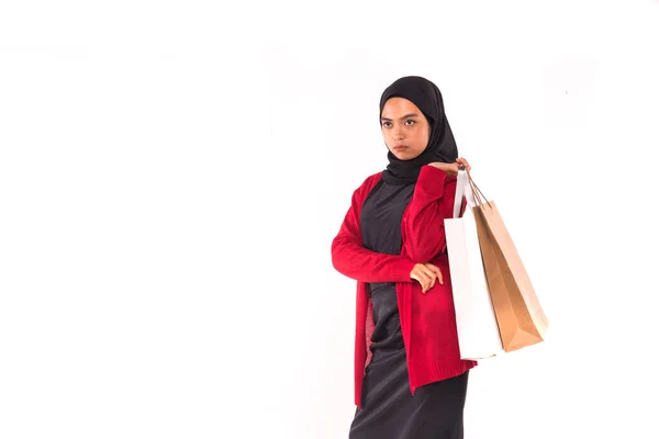 Happy Young Muslim Girl Holding Shopping Bags Isolated White Background — Stock Photo, Image