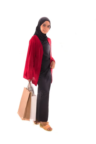 Happy Young Muslim Girl Holding Shopping Bags Isolated White Background — Stock Photo, Image