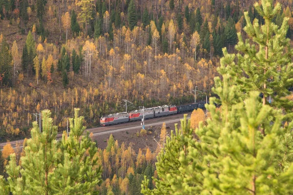 Sonbaharda Sibirya dağlarında bir yük treni demiryolu ile hareket eder..