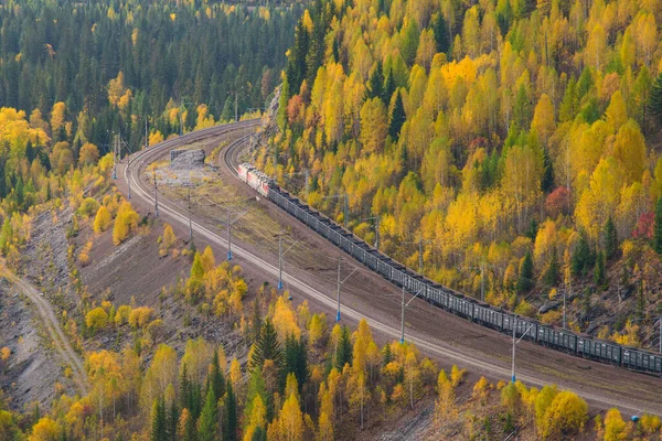 Sonbaharda Sibirya dağlarında bir yük treni demiryolu ile hareket eder..