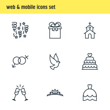 9 nişan simgeler çizgi stili Illustration. Havai fişek, şampanya, düğün pastası ve diğer simge öğeleri düzenlenebilir kümesi.