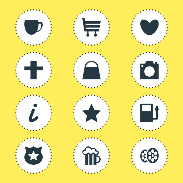 illustration of 12 location icons. Editable set of cafe, police, legend and other icon elements.