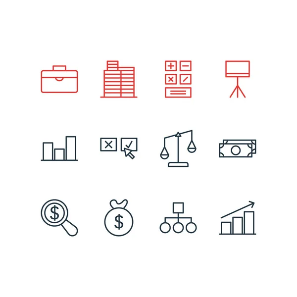 Illustration de 12 icônes d'affaires style ligne. Ensemble modifiable de calculatrice, argent, bâtiments et autres éléments d'icône . — Photo