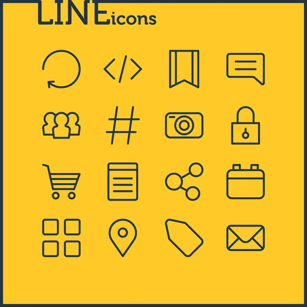 illustration of 16 app icons line style. Editable set of thumbnails, social, location and other icon elements.