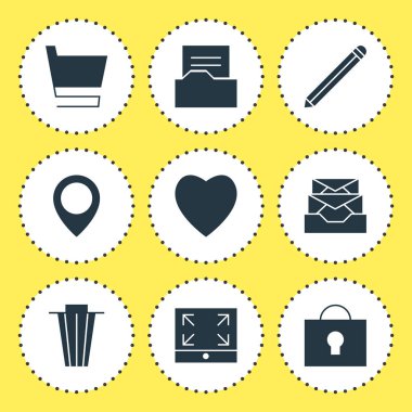 9 web simgeler vektör Illustration. Düzenlenebilir kalp, alışveriş sepeti, tam ekran ve diğer simge öğeleri kümesi.