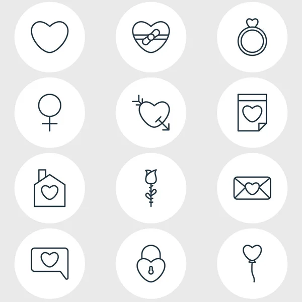 Ilustración vectorial de 12 iconos de amour estilo de línea. Conjunto editable de globos, casillero, corazón y otros elementos del icono . — Archivo Imágenes Vectoriales
