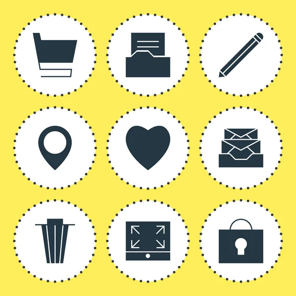 9 web simgeler vektör Illustration. Düzenlenebilir kalp, alışveriş sepeti, tam ekran ve diğer simge öğeleri kümesi.