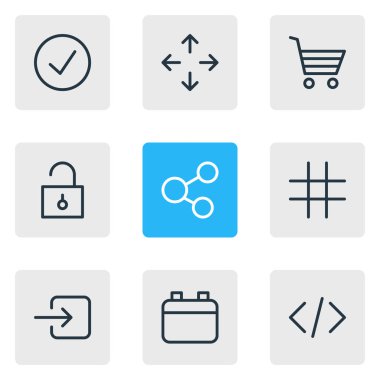 9 vektör çizim ek simgeler çizgi stili. Düzenlenebilir kümesi taşı, takvim, girin ve diğer simge öğeleri.