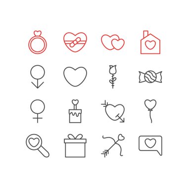 16 aşk simgeler çizgi stili vektör Illustration. Düzenlenebilir dizi hediye, şeker, sohbet simgesi öğeleri.