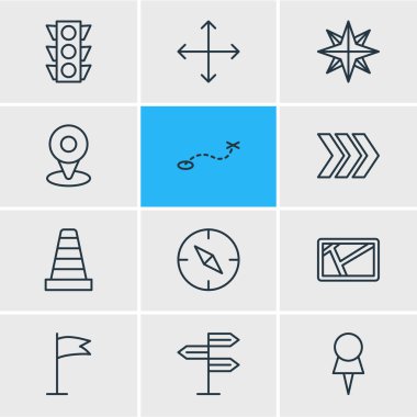 12 gezinti simgeler çizgi stili vektör Illustration. Ok, yön tabelası, PIN ve diğer simge öğeleri düzenlenebilir kümesi.