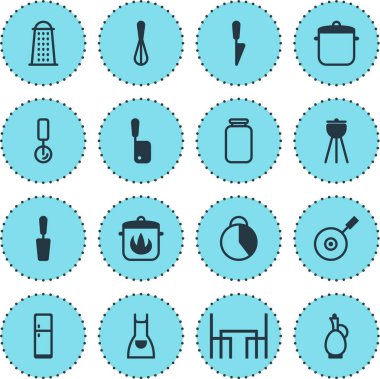 16 restoran simgeler vektör Illustration. Rende, tencere, pizza kesici ve diğer simge öğeleri düzenlenebilir kümesi.