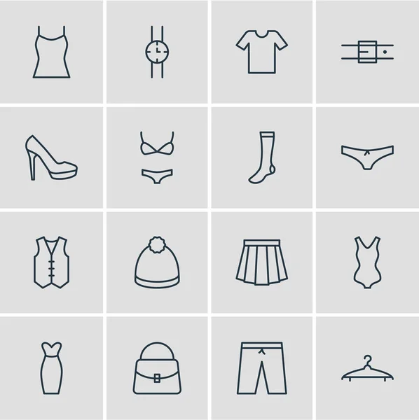 Vektoros illusztráció 16 ruhanemű ikonok vonalstílust. Szerkeszthető sarkú cipő, estélyi ruha, mellény és egyéb ikon készlet. — Stock Vector