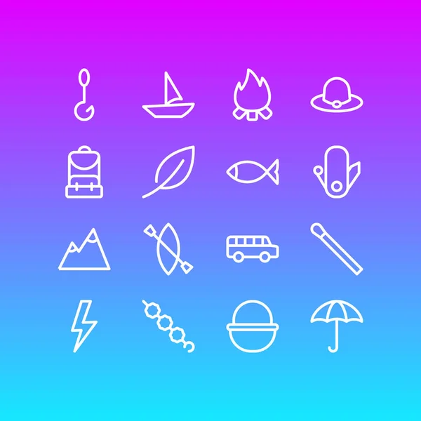 Illustration vectorielle du style ligne 16 icônes du camp. Ensemble modifiable de montagne, kayak, chapeau et autres éléments d'icône . — Image vectorielle