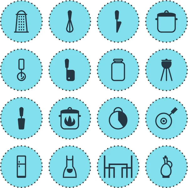 16 restoran simgeler vektör Illustration. Rende, tencere, pizza kesici ve diğer simge öğeleri düzenlenebilir kümesi.