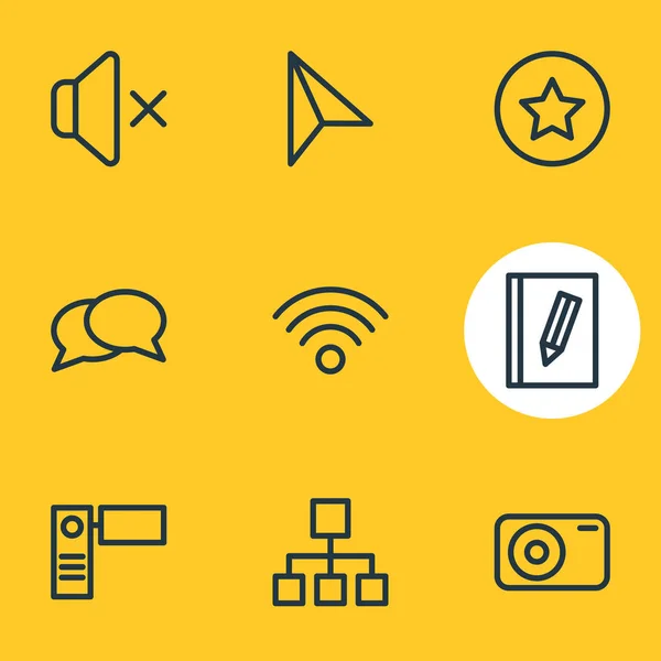 Vector illustration of 9 music icons line style. Editable set of cursor, wifi, video cam and other icon elements.