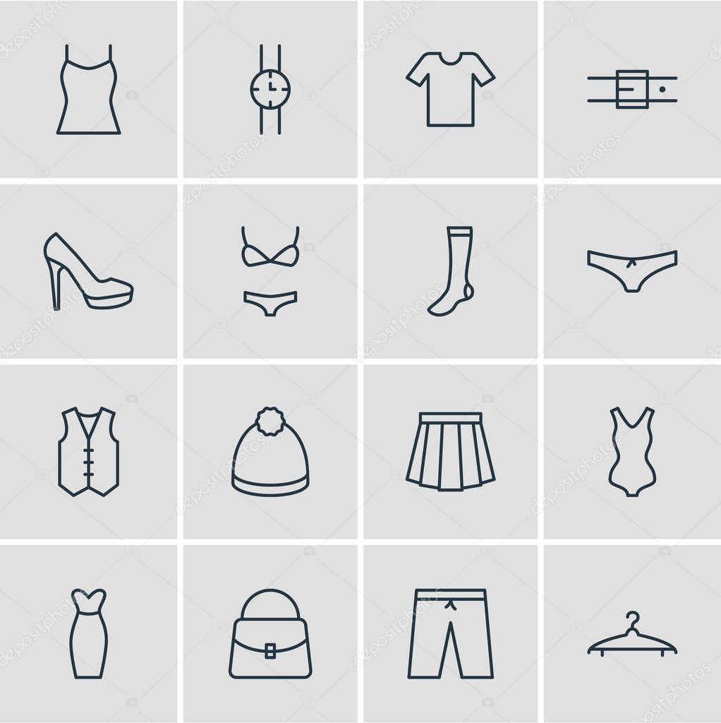 Vector illustration of 16 garment icons line style. Editable set of heeled shoe, evening dress, vest and other icon elements.