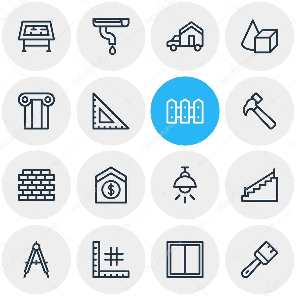 Vector illustration of 16 architecture icons line style. Editable set of ruler, stairs, figures and other icon elements.