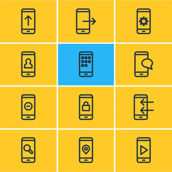 Illustration av 12 telefon ikoner linjeformat. Redigerbara uppsättning ta bort, chatt, inställning och andra ikonen element. — Stockfoto