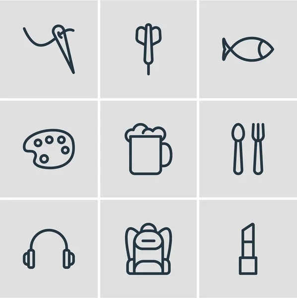 Ilustración de 9 iconos de hobby estilo de línea. Conjunto editable de mochila, auriculares, dardos y otros elementos del icono . —  Fotos de Stock