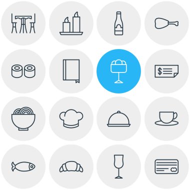 16 restoran simgeler çizgi stili vektör Illustration. Düzenlenebilir dizi mum, çanak, menü simgesini öğeleri.