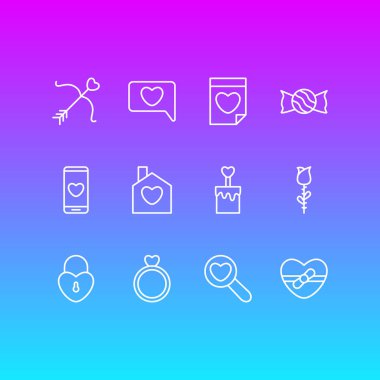 12 aşk simgeler çizgi stili vektör Illustration. Ev, çiçek, pasta ve diğer simge öğeleri düzenlenebilir kümesi.