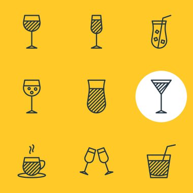 9 içecek simgeler çizgi stili vektör Illustration. Bardağı, kadehi, limonata ve diğer simge öğeleri düzenlenebilir kümesi.