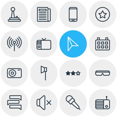 16 medya simgeleri çizgi stili vektör Illustration. Düzenlenebilir küme imleç, smartphone, ışık kaynağı ve diğer simge öğeleri.