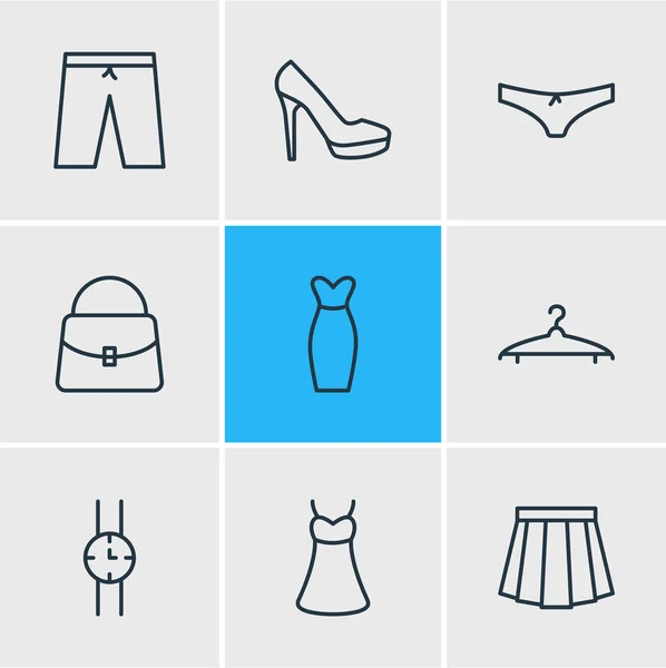 Ilustración vectorial de 9 iconos de vestir estilo de línea. Conjunto editable de vestido de noche, percha, sarafán y otros elementos del icono . — Archivo Imágenes Vectoriales