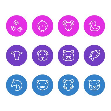 12 hayvan simgeler çizgi stili Illustration. Vizon, evde beslenen hayvan, sıçan ve diğer simge öğeleri düzenlenebilir kümesi.