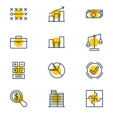 12 Ticaret simgeler çizgi stili Illustration. Düzenlenebilir kümesi bar, grafik, strateji ve diğer simge öğeleri.