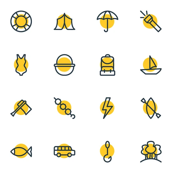 Ilustração de 16 estilo de linha de ícones de acampamento. Conjunto editável de elementos de floresta, peixe, mochila e outros ícones . — Fotografia de Stock