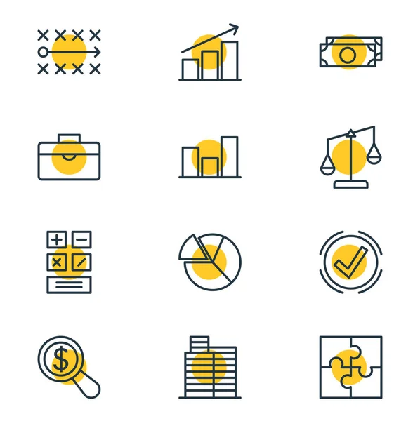 Illustration von 12 Handelssymbolen Zeilenstil. editierbare Balken-, Diagramm-, Strategie- und andere Symbolelemente. — Stockfoto