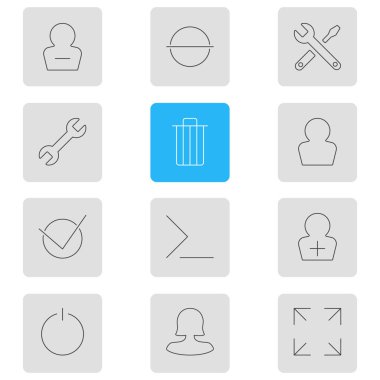 12 arabirim simgeler çizgi stili Illustration. Düzenlenebilir tam ekran, eksi, güç düğmesi ve diğer simge öğeleri kümesi.