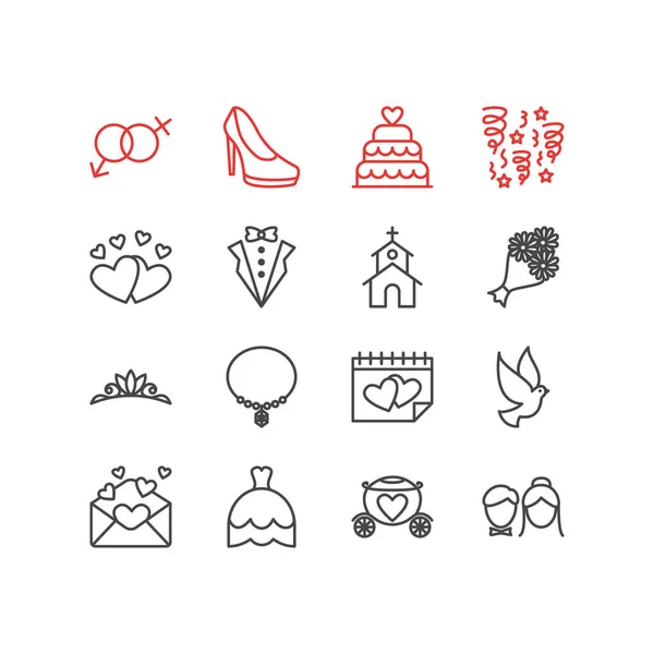 Иллюстрация 16 иконок в стиле линии брака. Столовый набор из ожерелья, туфель на каблуках, свадебного торта и других элементов иконы . — стоковое фото