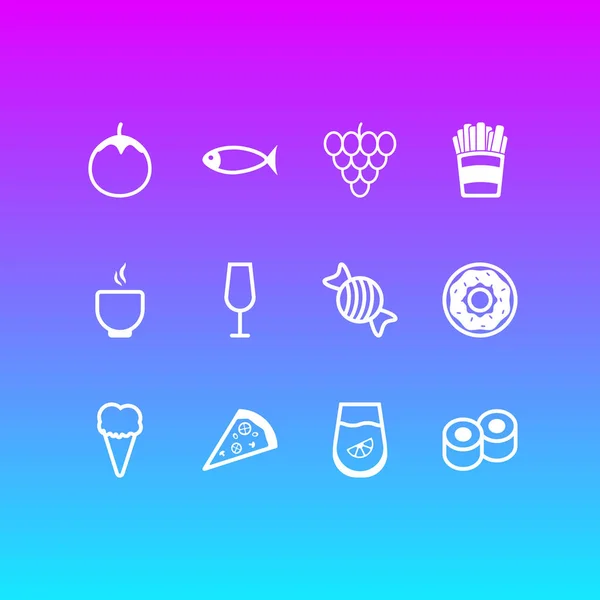Ilustração vetorial de 12 ícones comendo estilo linha. Conjunto editável de vinho, donuts, sorvete e outros elementos de ícone . —  Vetores de Stock