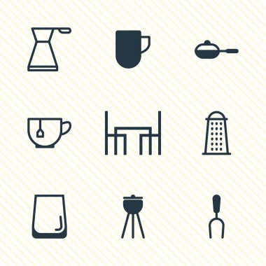 9 kutsal kişilerin resmi yemek Illustration. Barbekü çatalı, kahve kupa, su cam ve diğer simge öğeleri düzenlenebilir kümesi.