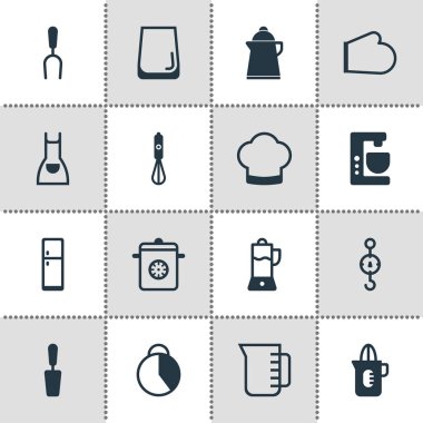 16 mutfak eşyaları simgeler Illustration. Şapka, ölçekler, sıkacağı ve diğer simge öğeleri pişirme düzenlenebilir seti.