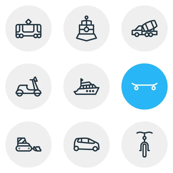 Иллюстрация 9 иконок в стиле линии автомобиля. Столовый комплект яхты, снегоуборочной машины, поезда и других элементов знака . — стоковое фото