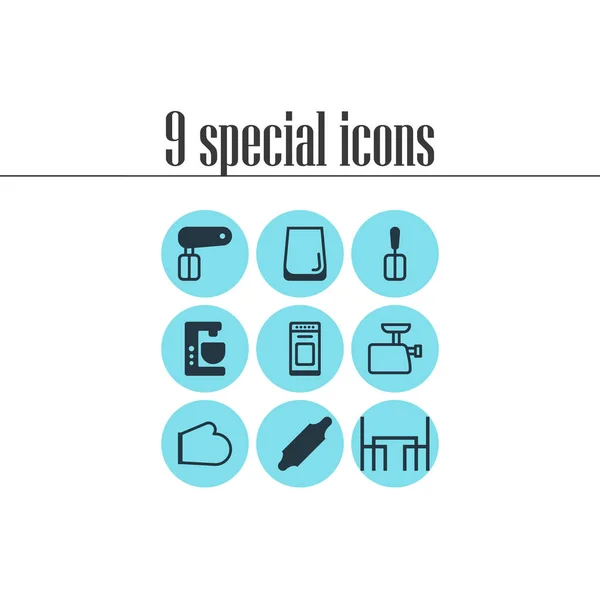 illustration of 9 cooking icons. Editable set of spatula, hand mixer, dining table icon elements.