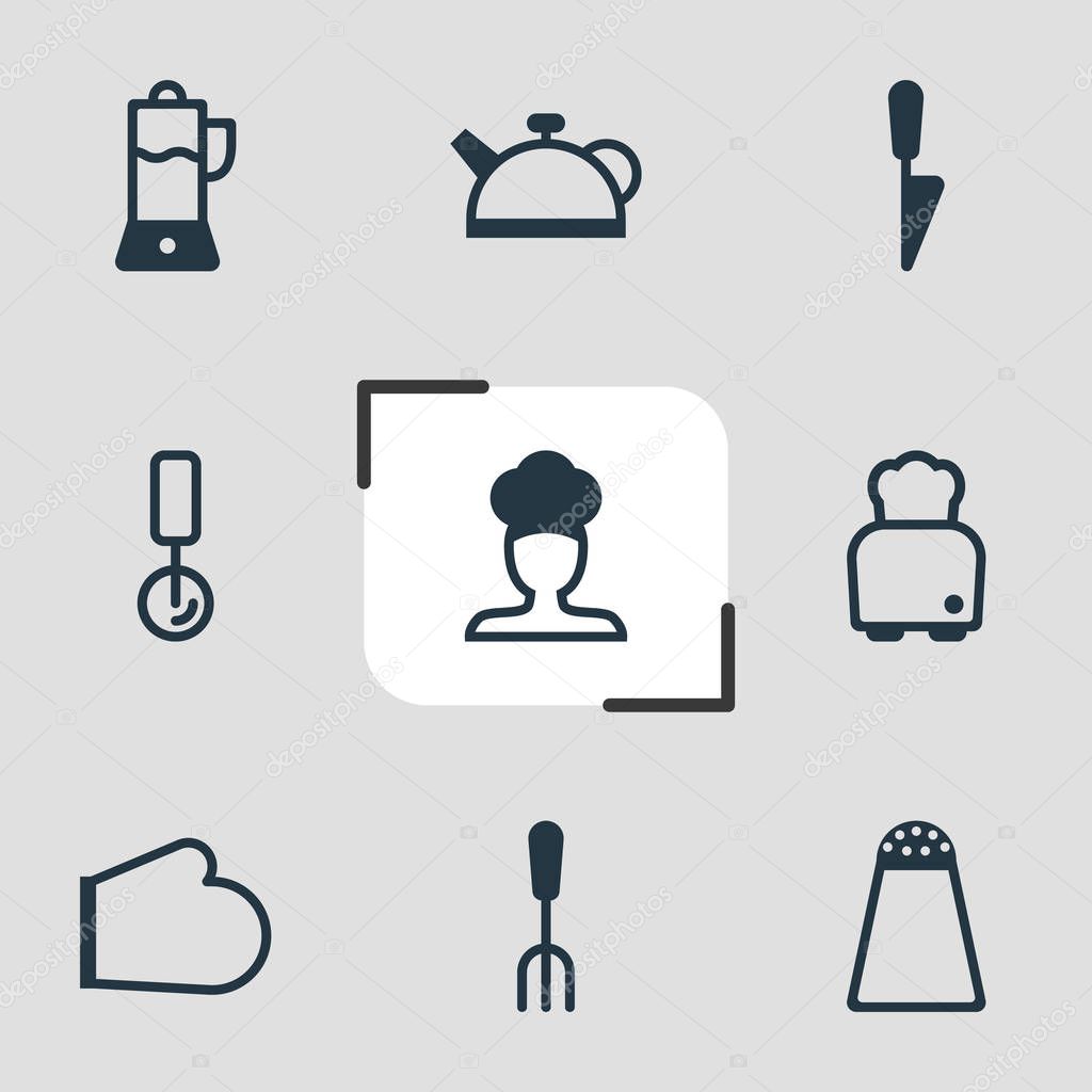 illustration of 9 kitchenware icons. Editable set of teapot, juicer, pizza cutter and other icon elements.