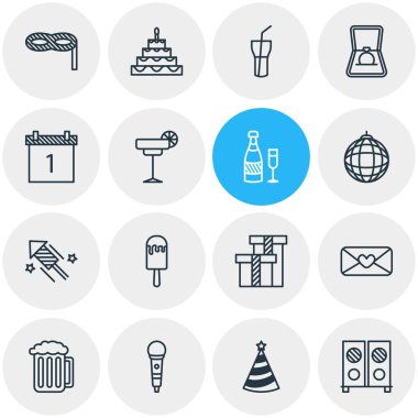 16 ziyafet simgeler çizgi stili vektör Illustration. Dondurma, mikrofon, şampanya ve diğer simge öğeleri düzenlenebilir kümesi.