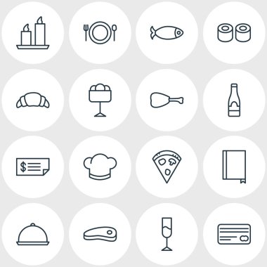 Vektör çizim simgeler çizgi stili yeme 16. Yemek, yemek, balık ve diğer simge öğeleri düzenlenebilir kümesi.
