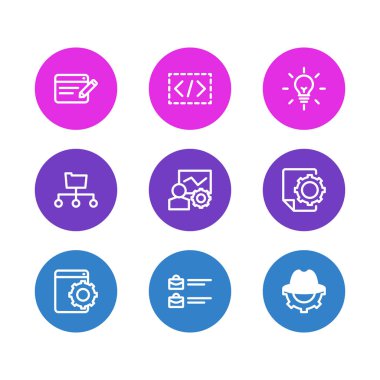 Vektör çizim simgeler çizgi stili reklam 9. Taze fikir, web tasarım hizmetleri, özel kodlama ve diğer simge öğeleri düzenlenebilir kümesi.