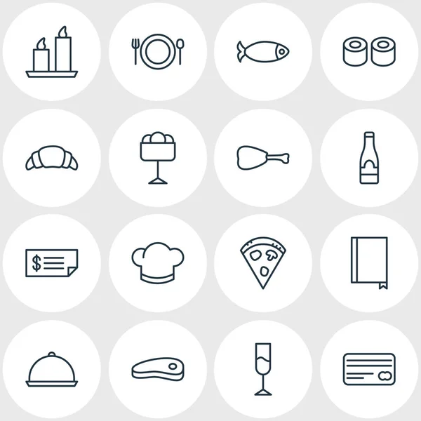 Ilustración vectorial de 16 iconos de comer estilo de línea. Conjunto editable de plato, harina, pescado y otros elementos del icono . — Vector de stock